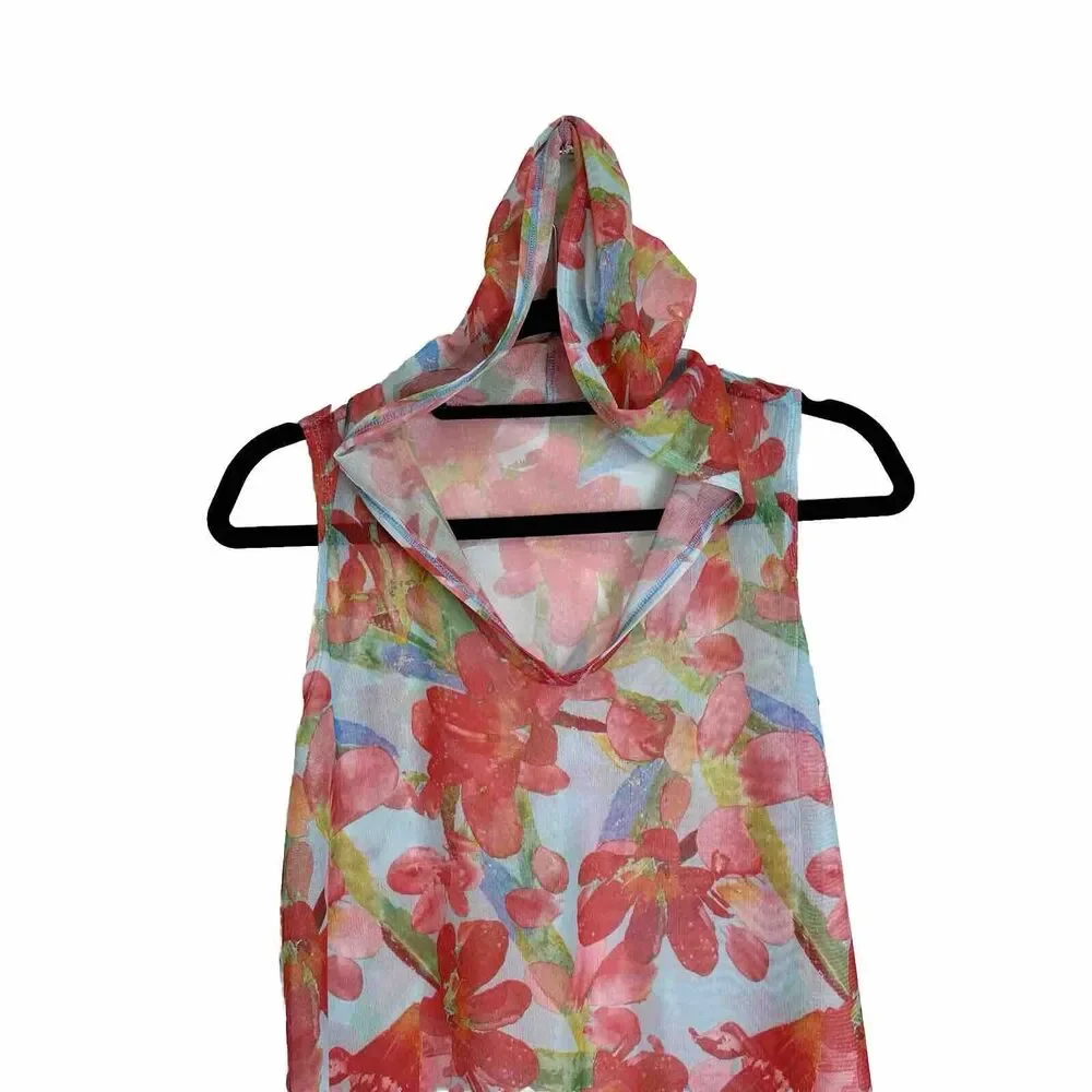 Athena Women's Sheer Mesh Swimwear Cover-Up Dress Size Medium Floral Hooded‎ Top
